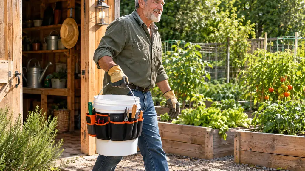 A man carrying a bucket tool organizer by its handle out of a garden shed toward raised garden beds