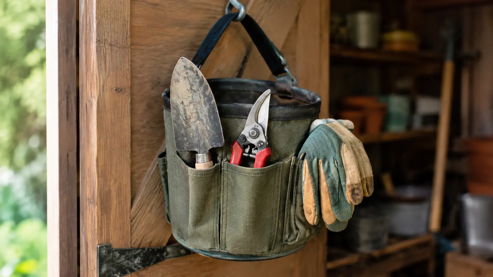 Close view of a bucket tool organizer hanging on a hook, its pockets holding a trowel, hand pruners, and garden gloves