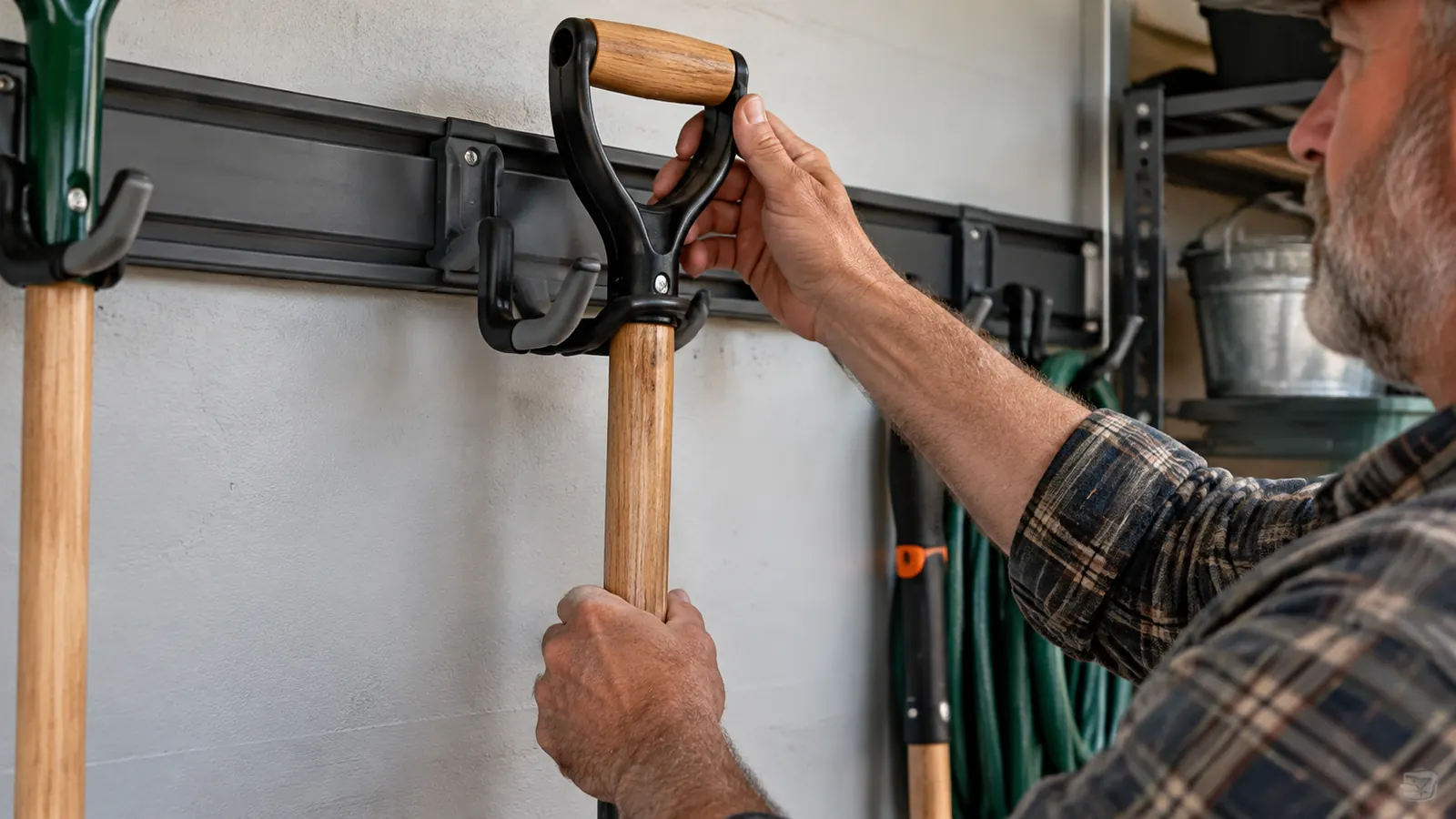 A hand hanging a garden shovel on a wall-mounted hook and rail system.