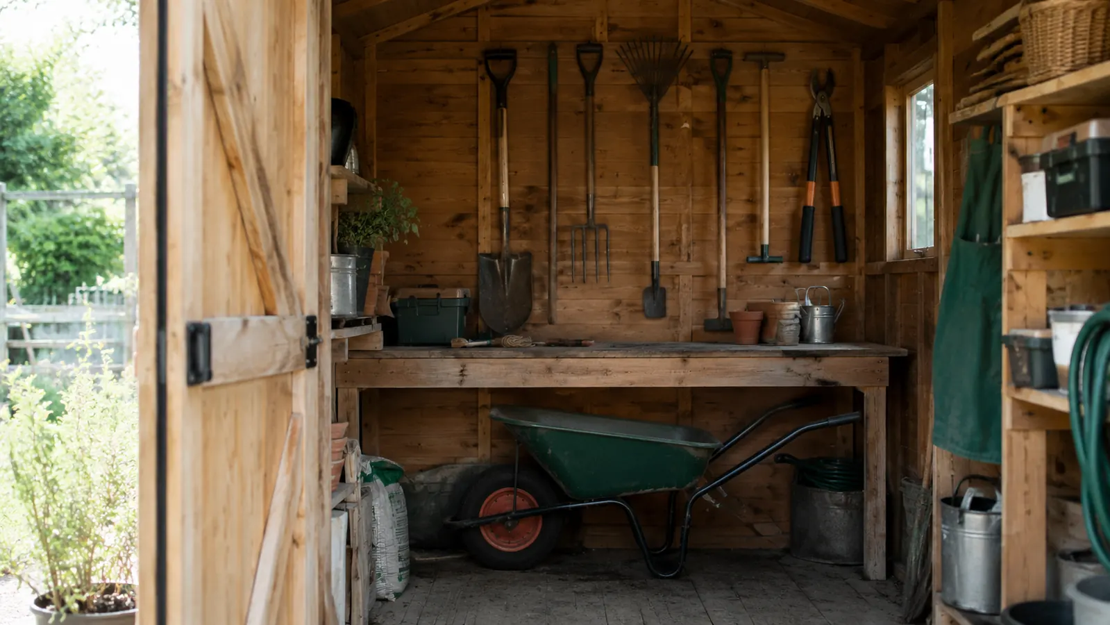 Garden tools hanging on the back wall of a small wooden shed above a workbench.