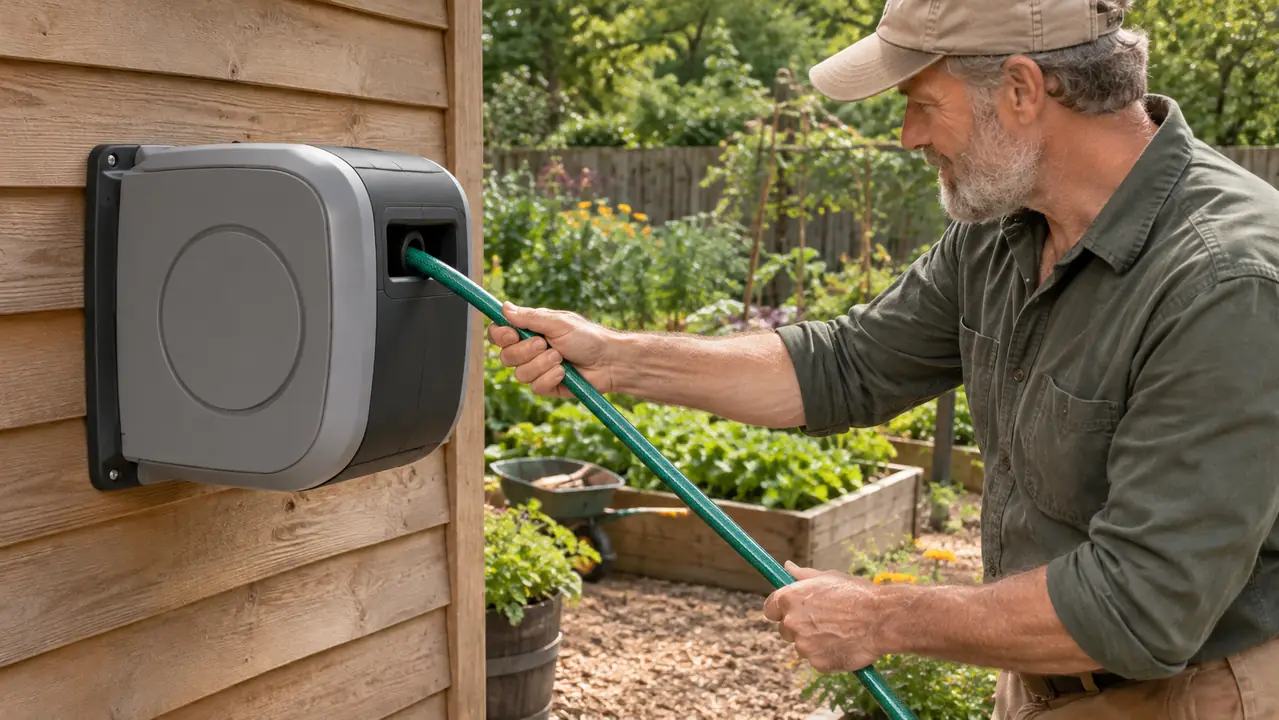 A hand drawing hose out of a hose hideaway mounted on a shed wall in a garden