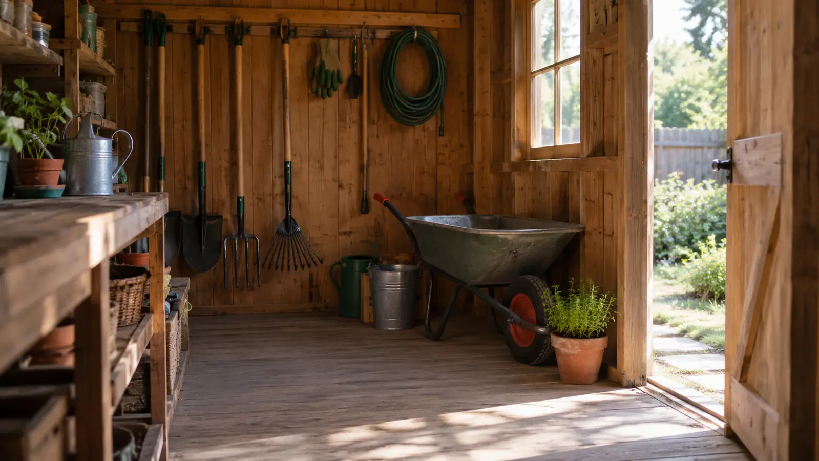 A tidy garden shed interior with a wheelbarrow in the corner and tools hanging on the wall