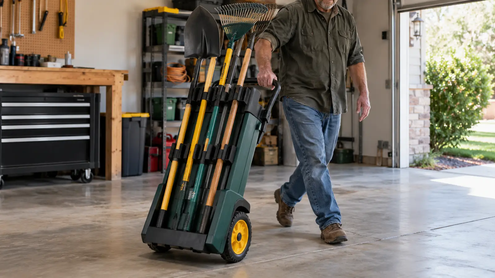 A hand rolling a garden tool tower with a shovel and rake hanging in the holders