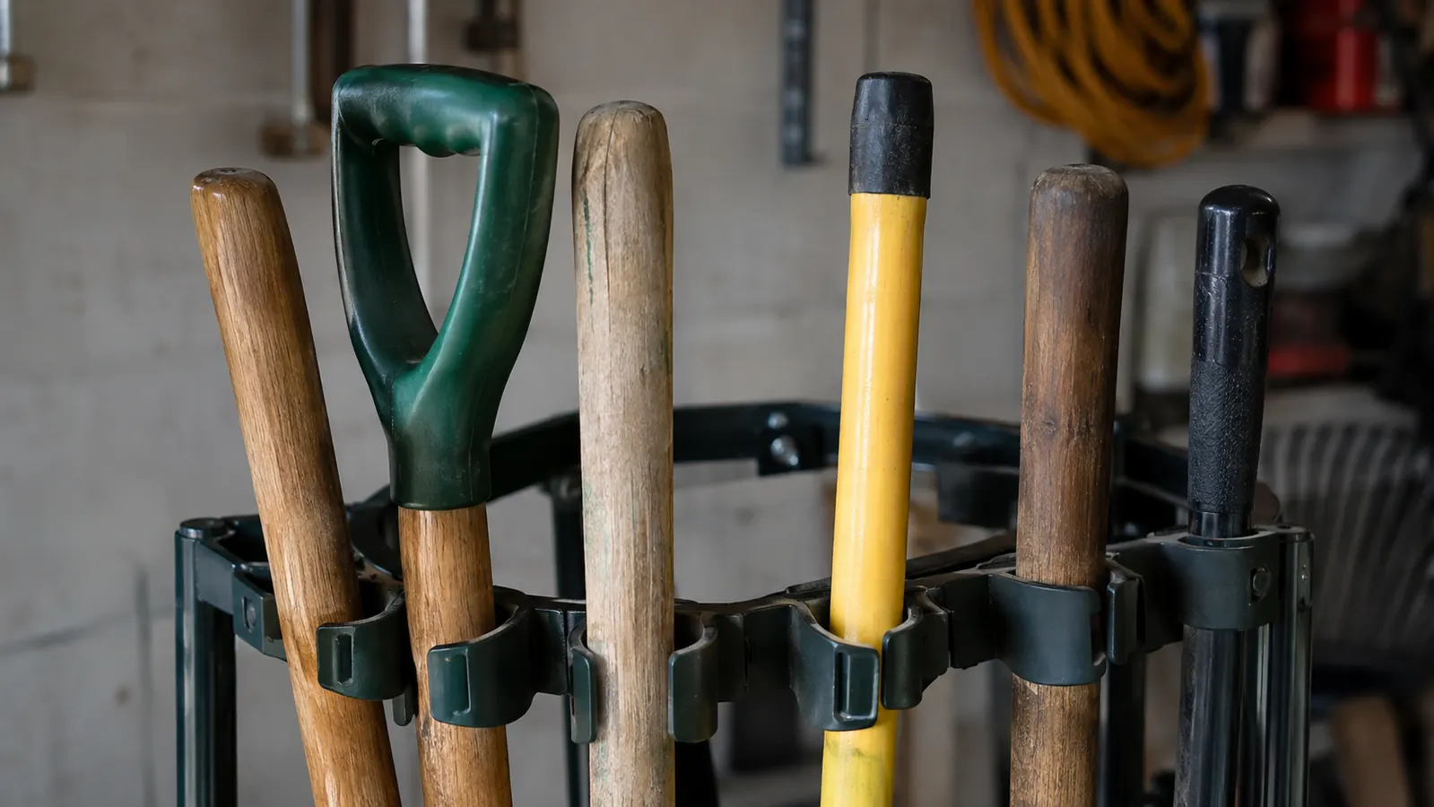 A close-up of the tool holder slots on a rolling garden tower with tool handles resting in them