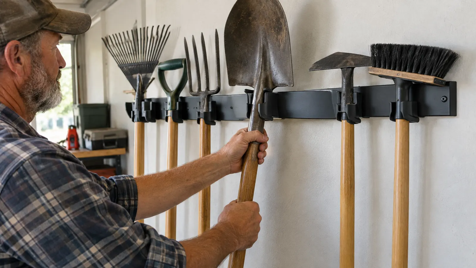 A man's hands placing a long-handled shovel into a wall-mounted metal tool organizer