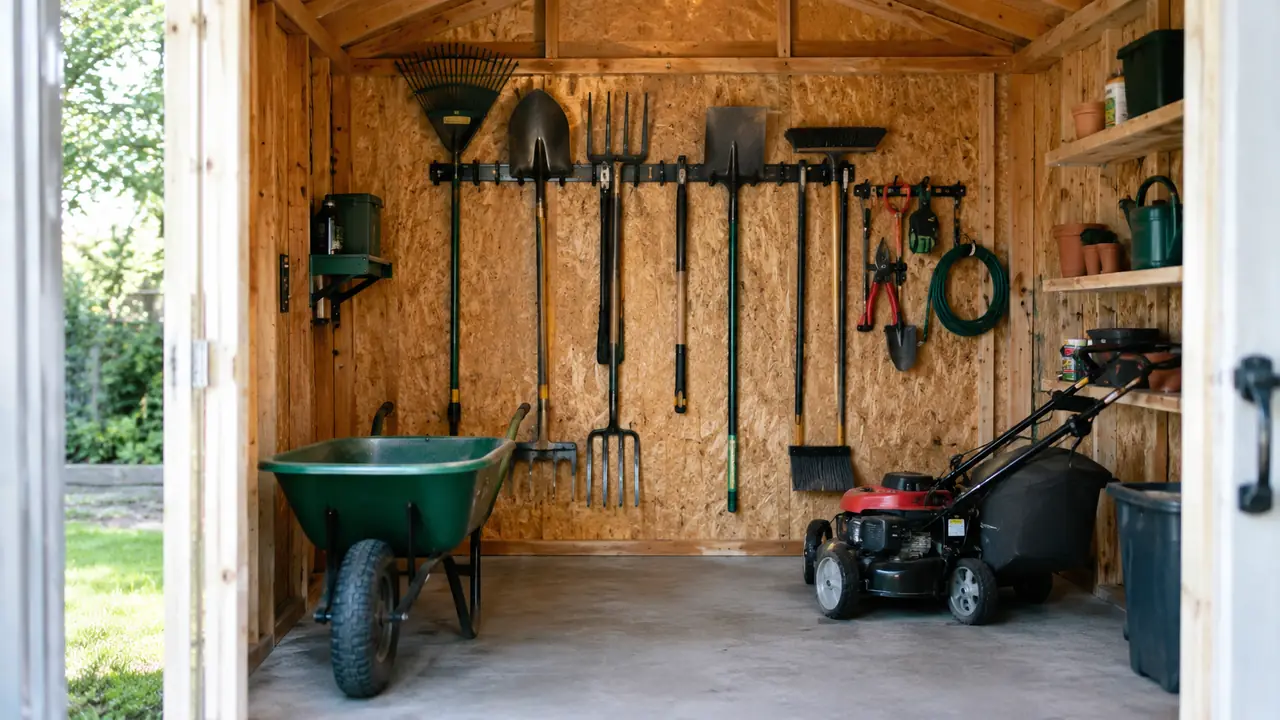 A clear shed floor with a wheelbarrow and garden tools hanging on a wall-mounted rack above