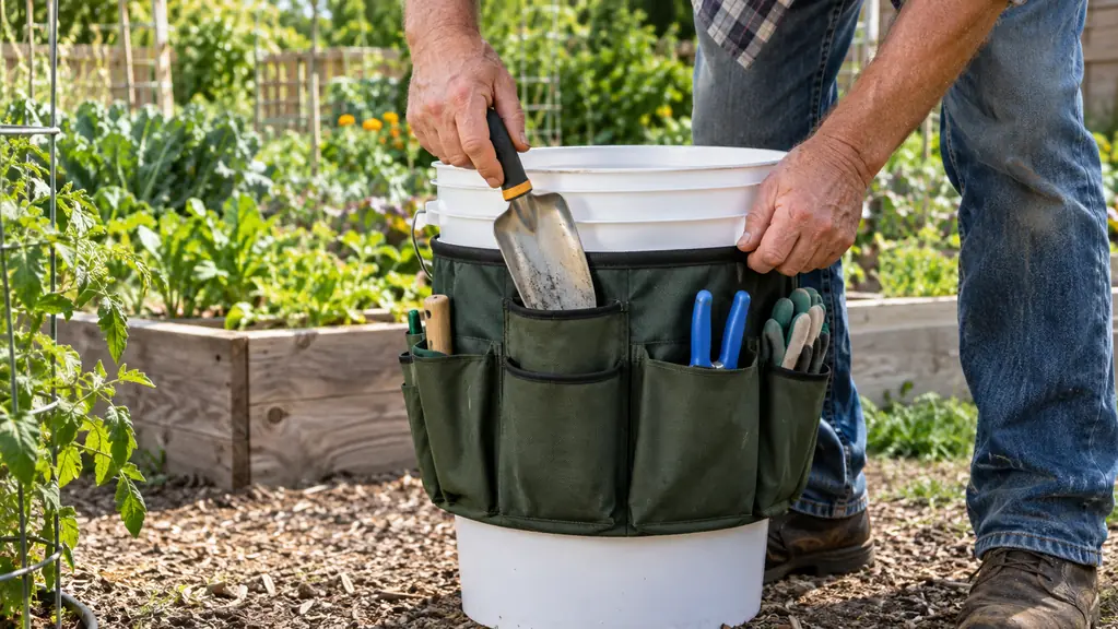 Hands pulling a hand trowel from a pocket of a bucket tool organizer in a vegetable garden