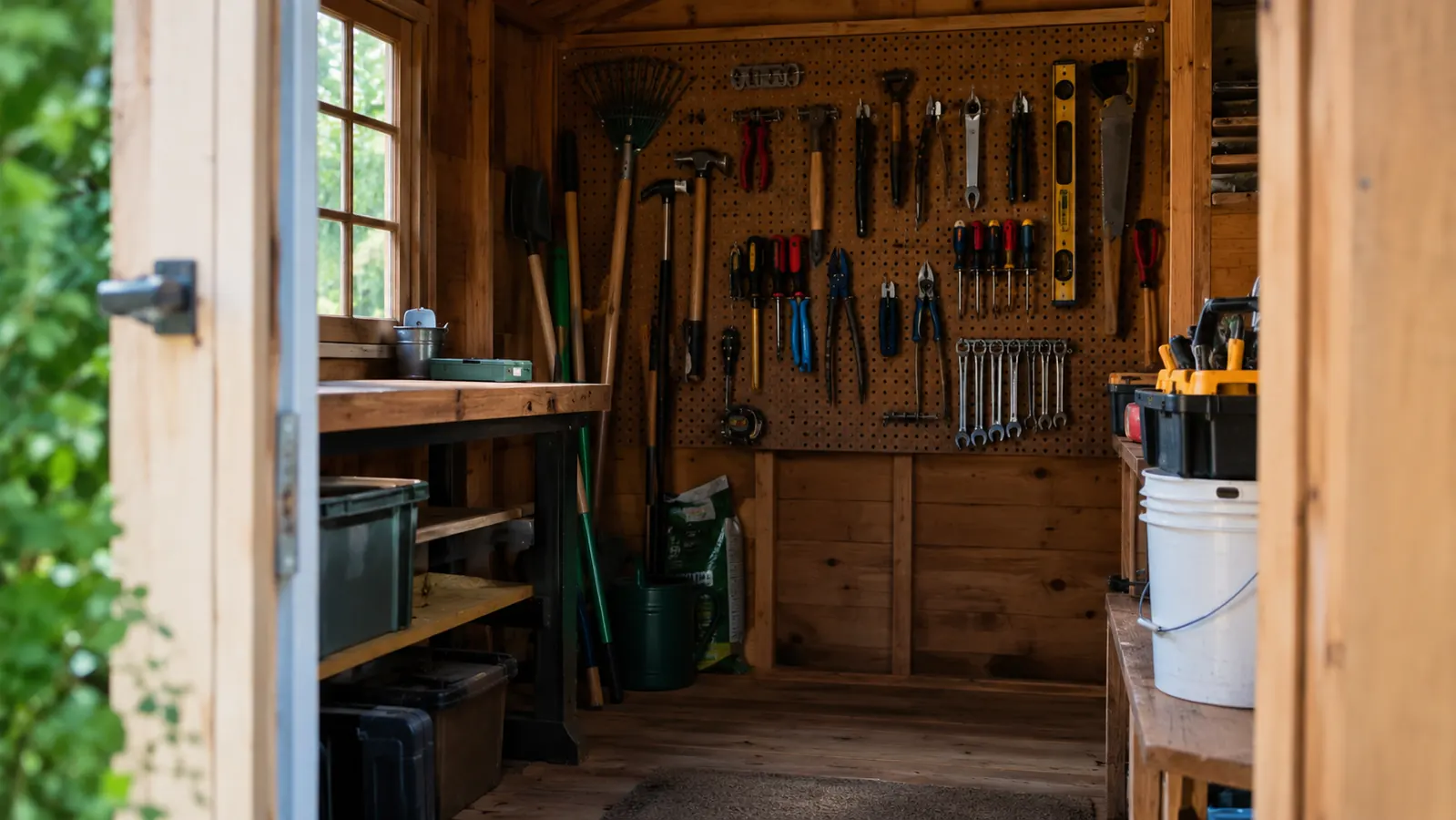Interior of a small wood garden shed with hand tools on a pegboard and a bucket with a tool organizer on a shelf