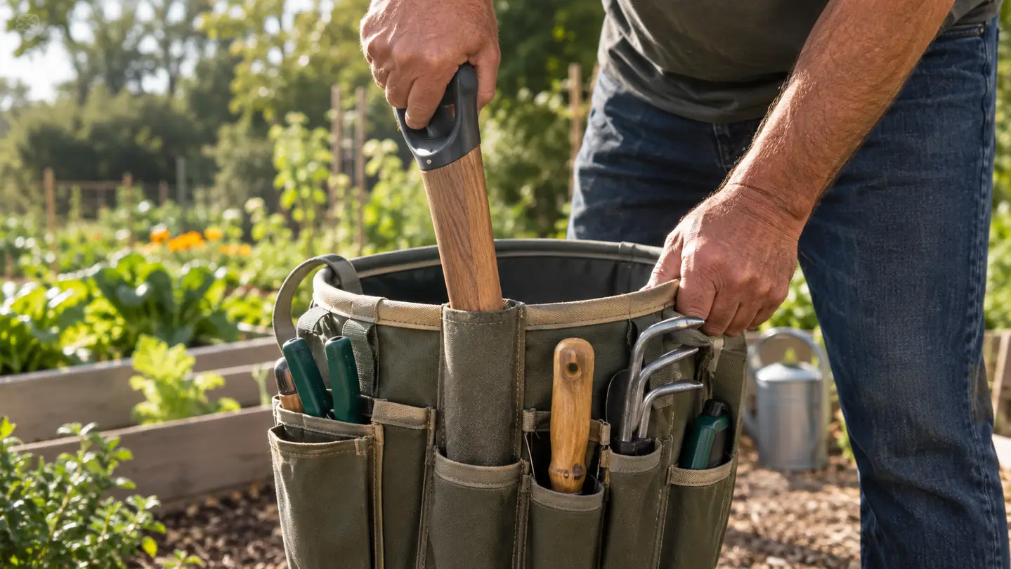 A hand pulls a shovel handle from the long-handle holder on a fabric tool organizer around a five-gallon bucket in a garden.