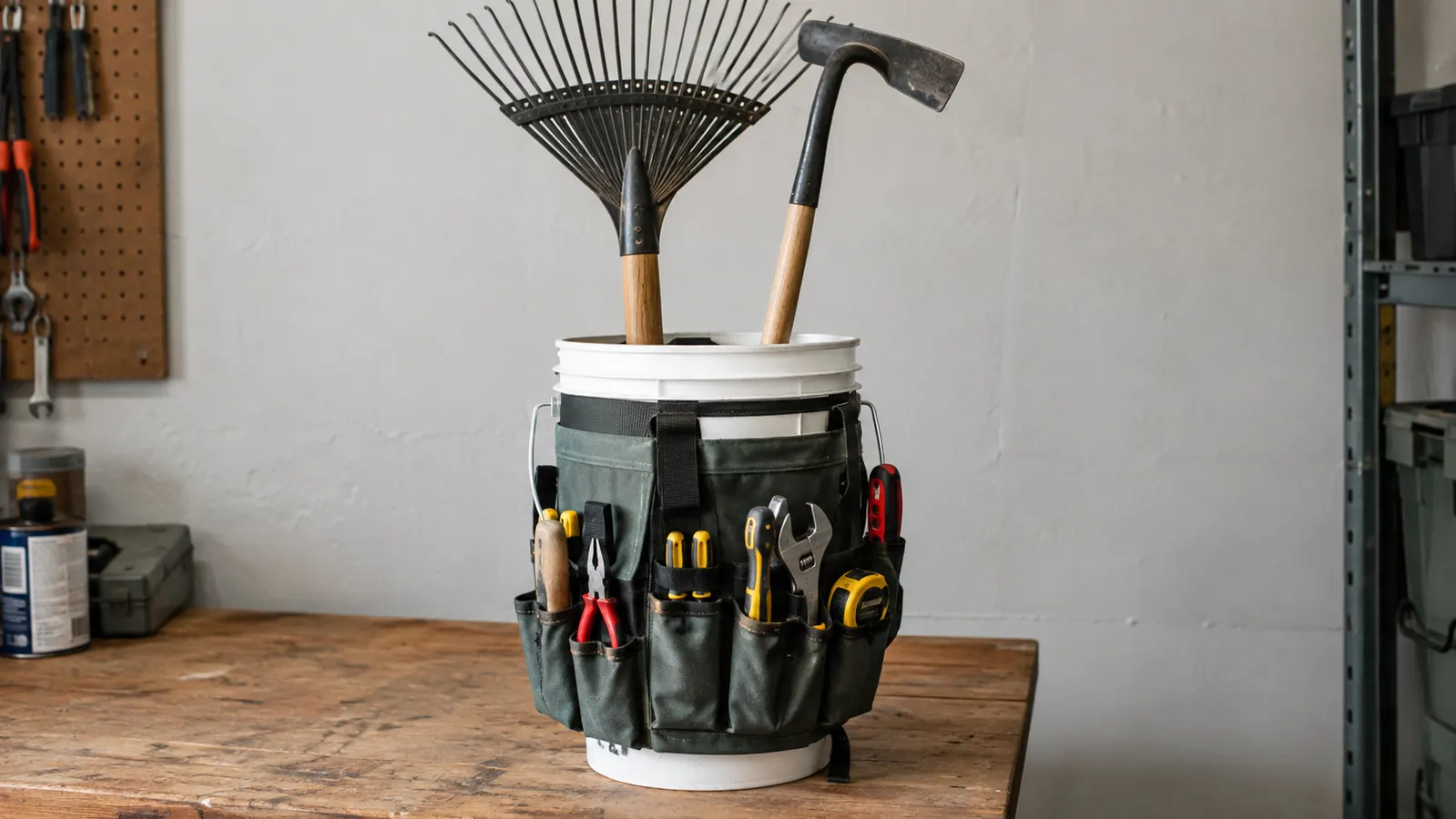 A five-gallon bucket with a fabric tool organizer sits on a garage workbench, hand tools in the outer pockets and long-handled tools standing upright.