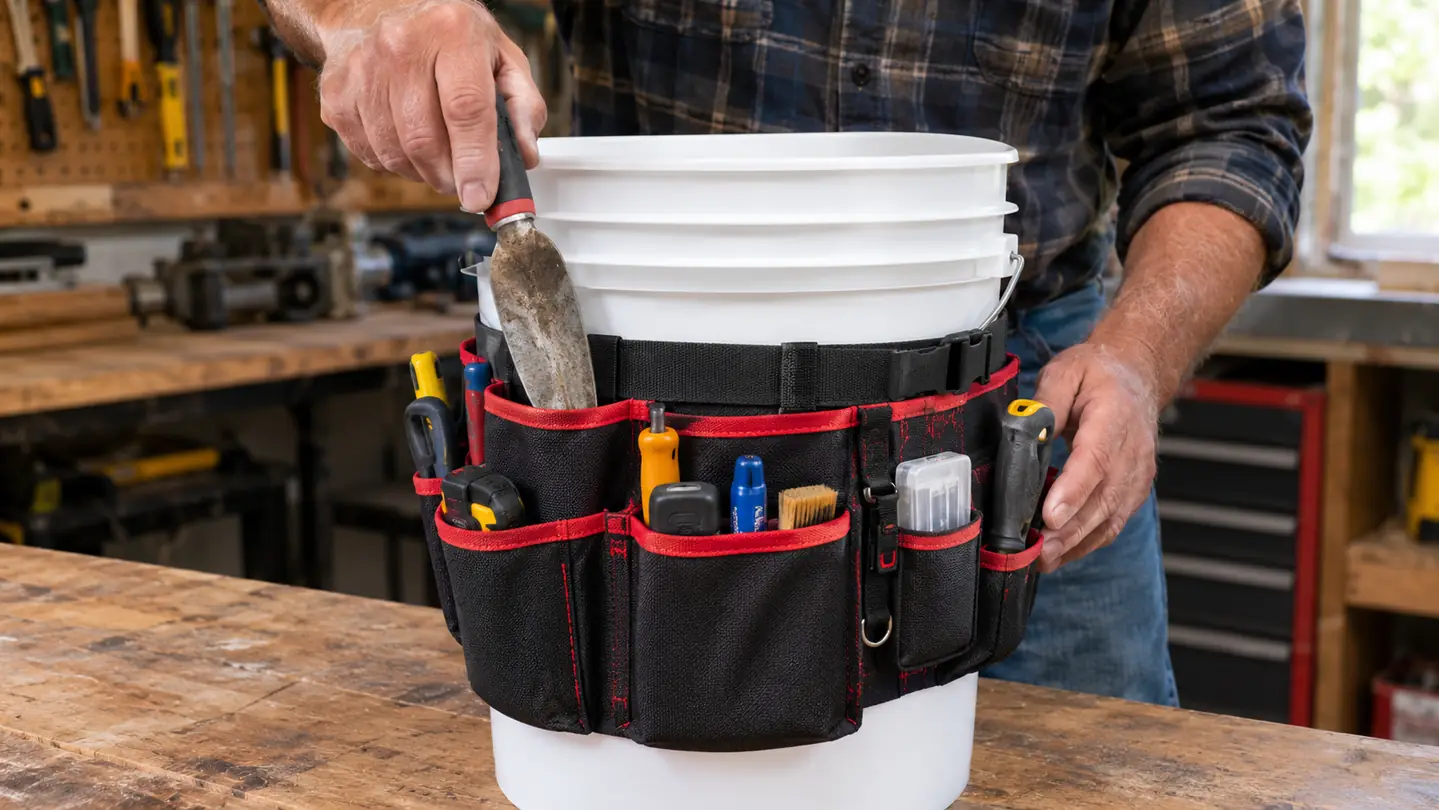 A hand placing a trowel into a bucket tool organizer with pockets