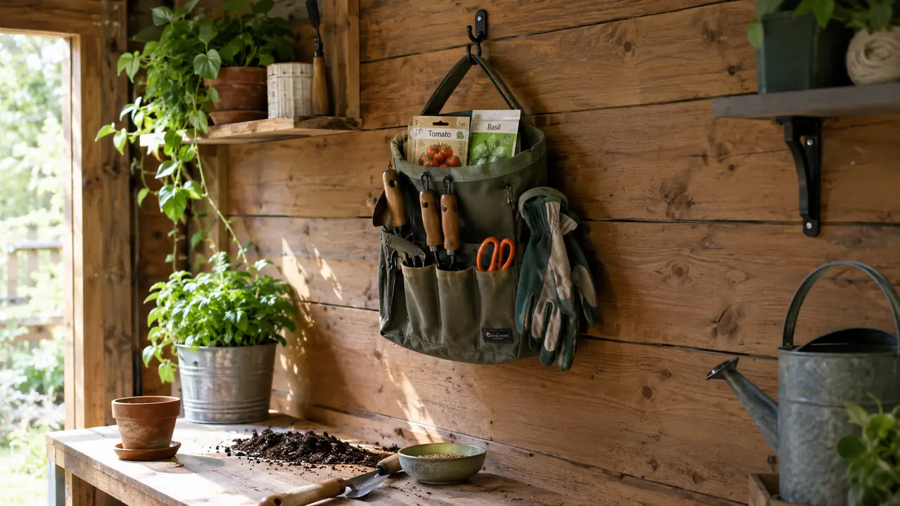 A garden shed wall with a bucket tool organizer holding hand tools and seed packets