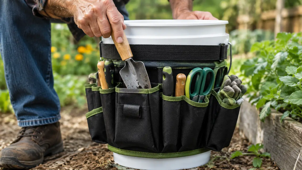A hand pulling a trowel from a pocket of a bucket tool organizer