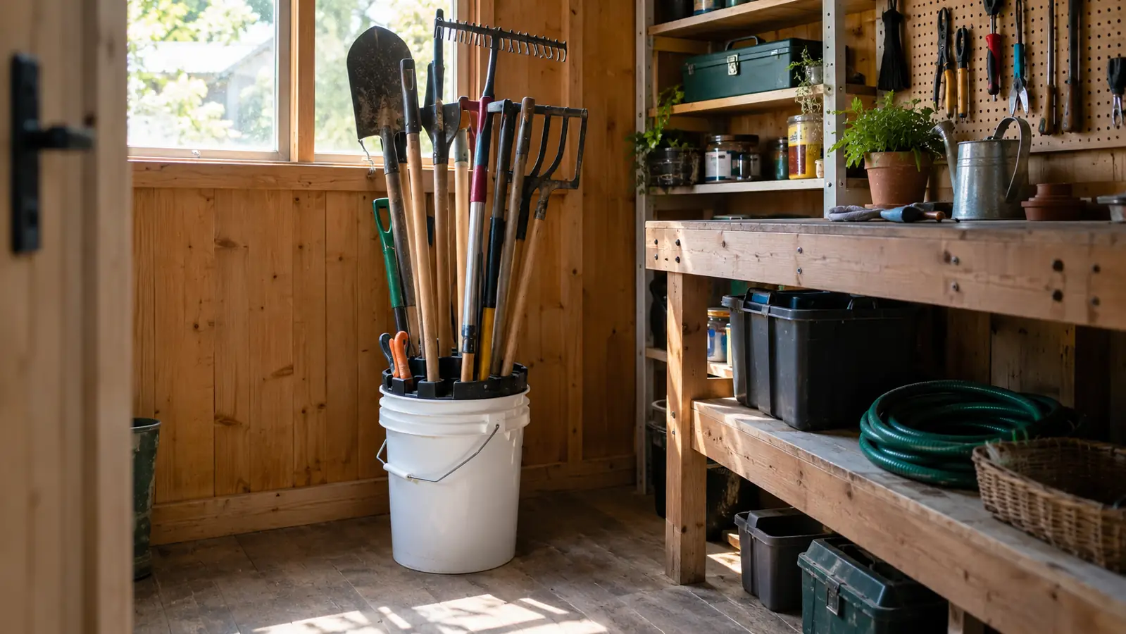 A bucket tool organizer holding garden tools upright in a shed