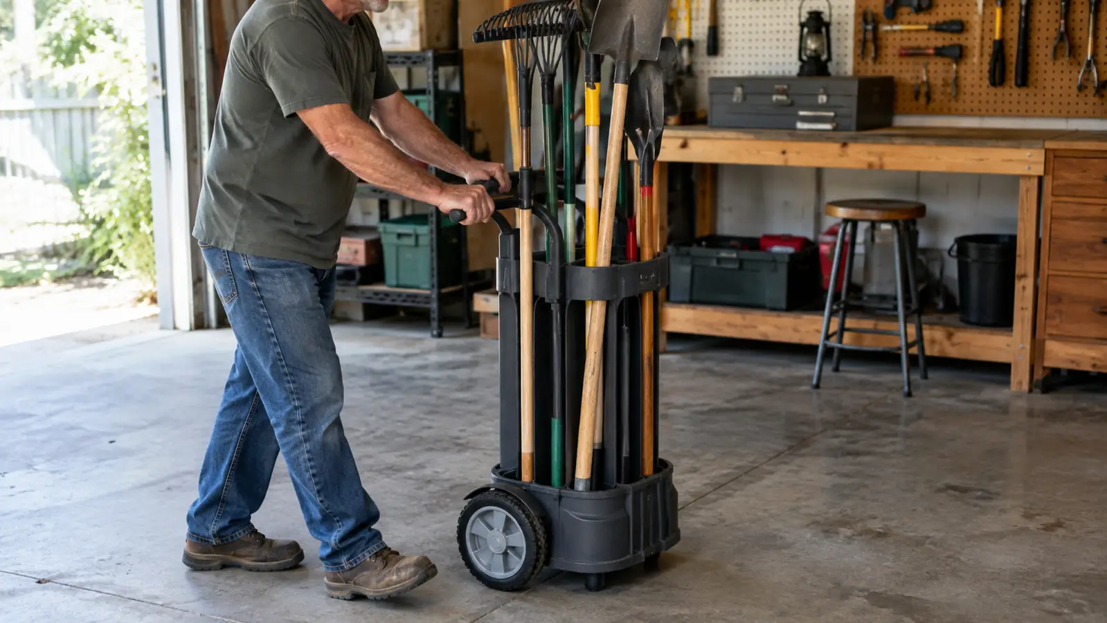 A man rolling a garden tool tower across a concrete garage floor