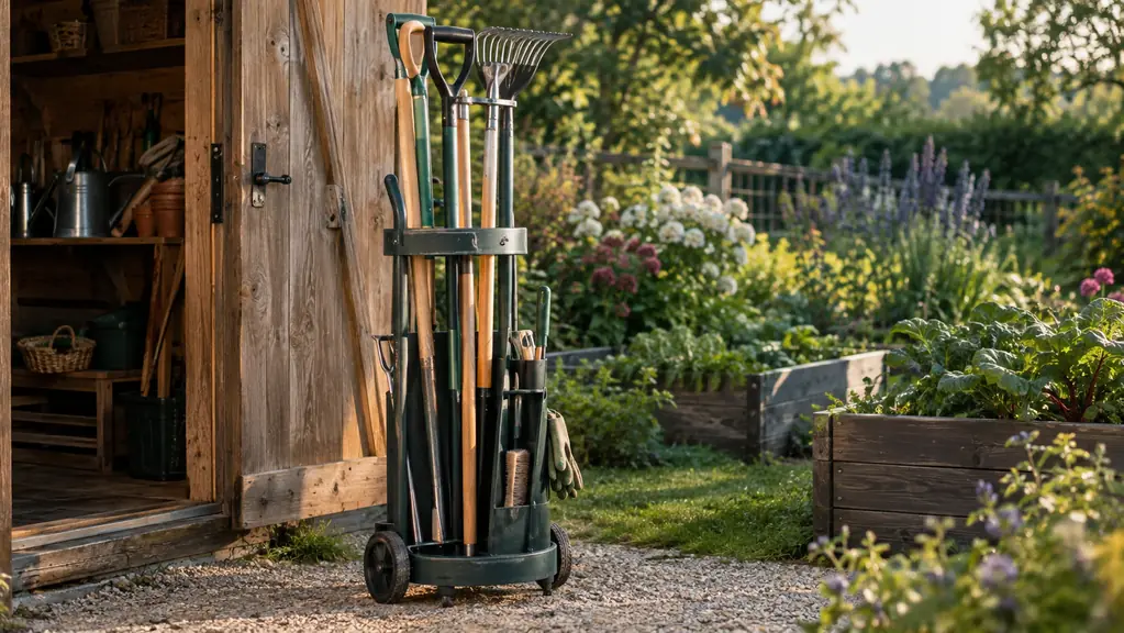 Garden tool tower standing beside an open wooden shed door with tools upright