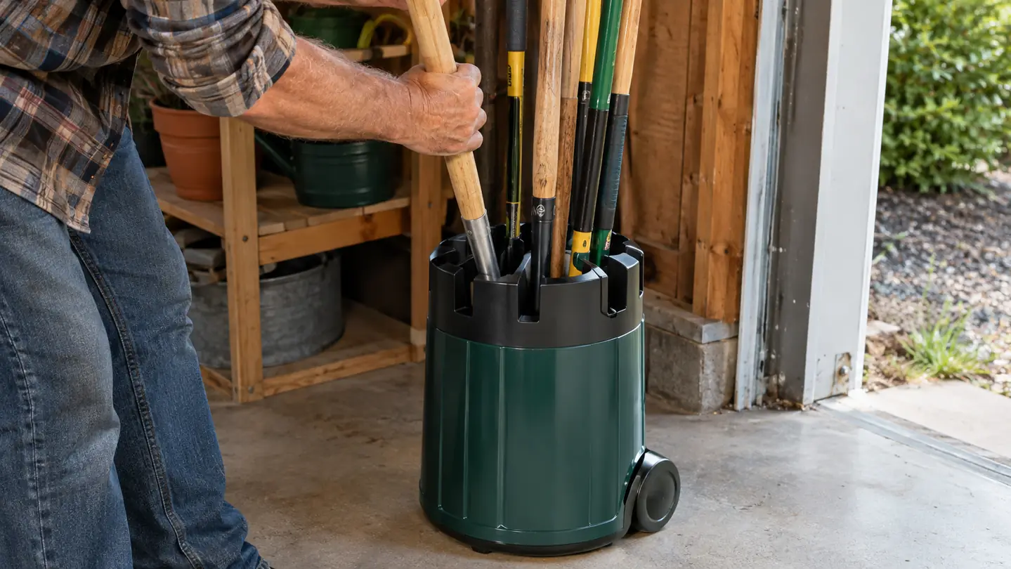 Hands guiding a long-handled garden tool into a rolling tool tower