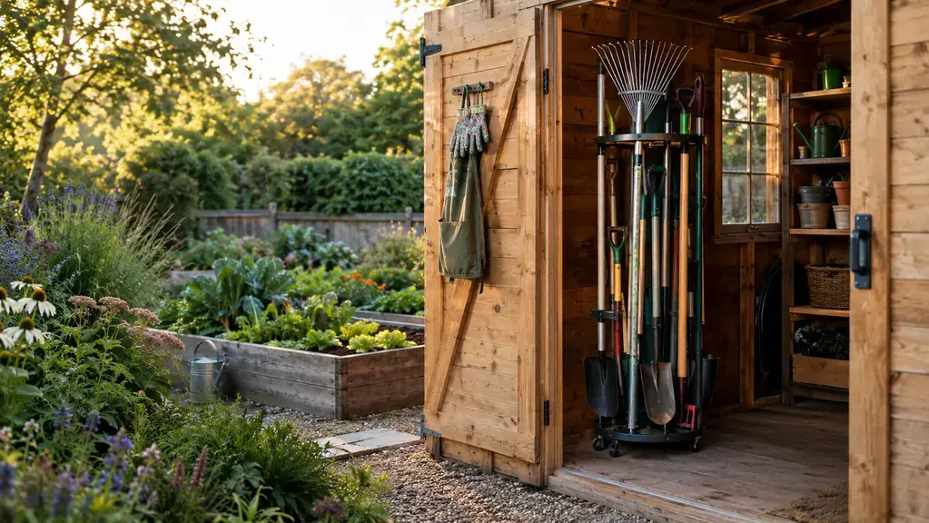 A rolling tool tower holding garden tools beside the door of a small wooden garden shed
