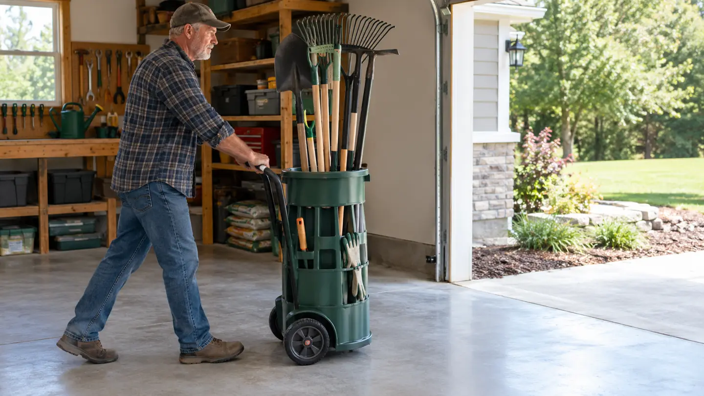A man rolling a garden tool tower across a concrete garage floor toward an open garage door, long-handled tools standing upright in the rack