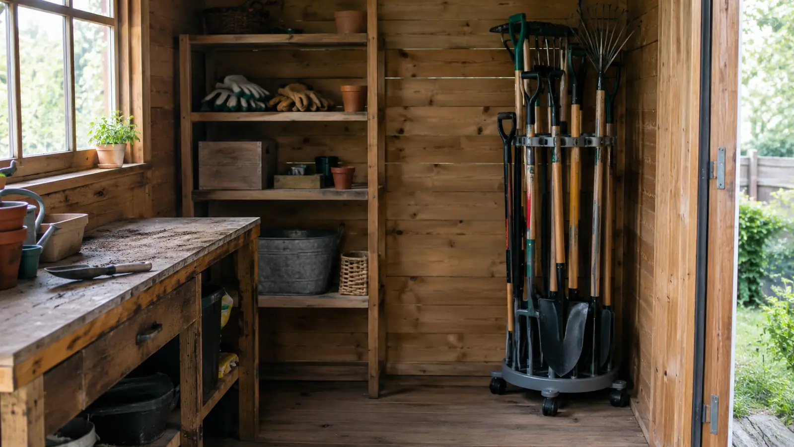 The garden tool tower parked in the corner of a small wooden shed, tools upright, a pair of work gloves on a shelf nearby