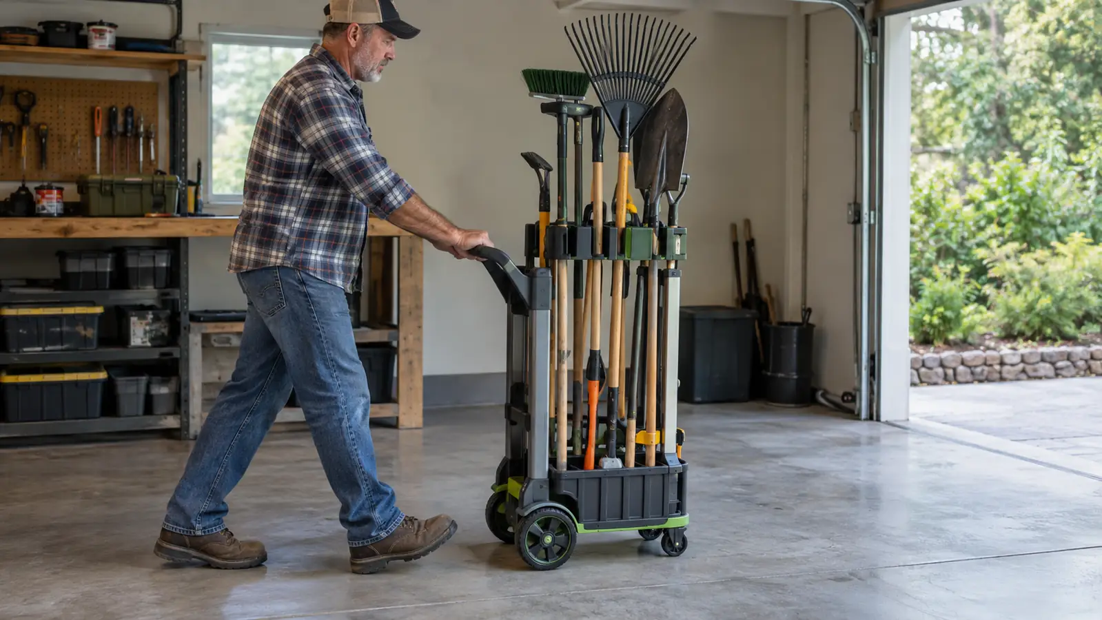 A gloved hand rolling a wheeled garden tool tower across a concrete garage floor