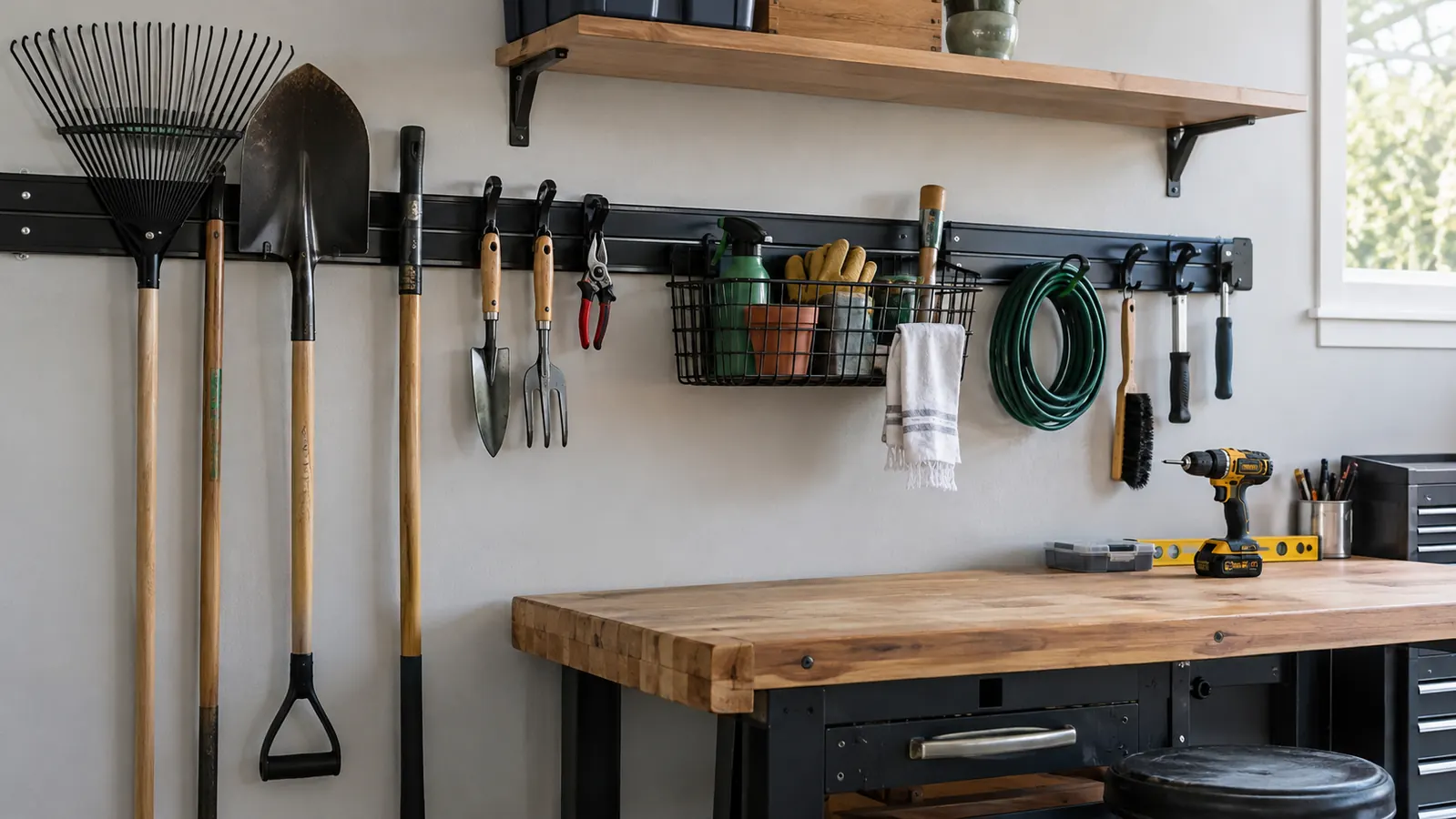 A wall-mounted garage rail system with hooks holding rakes and shovels