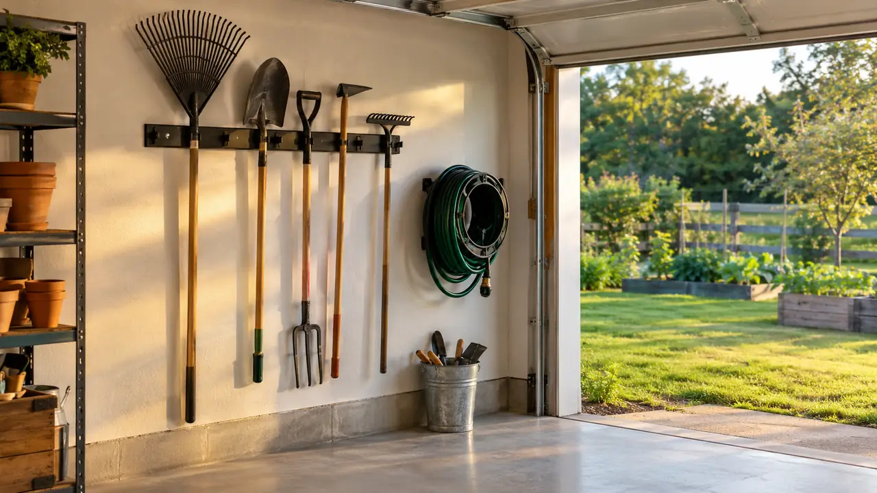 A tidy garage side wall with rakes and shovels hung on a metal wall rack, a coiled garden hose on a reel and an empty swept floor