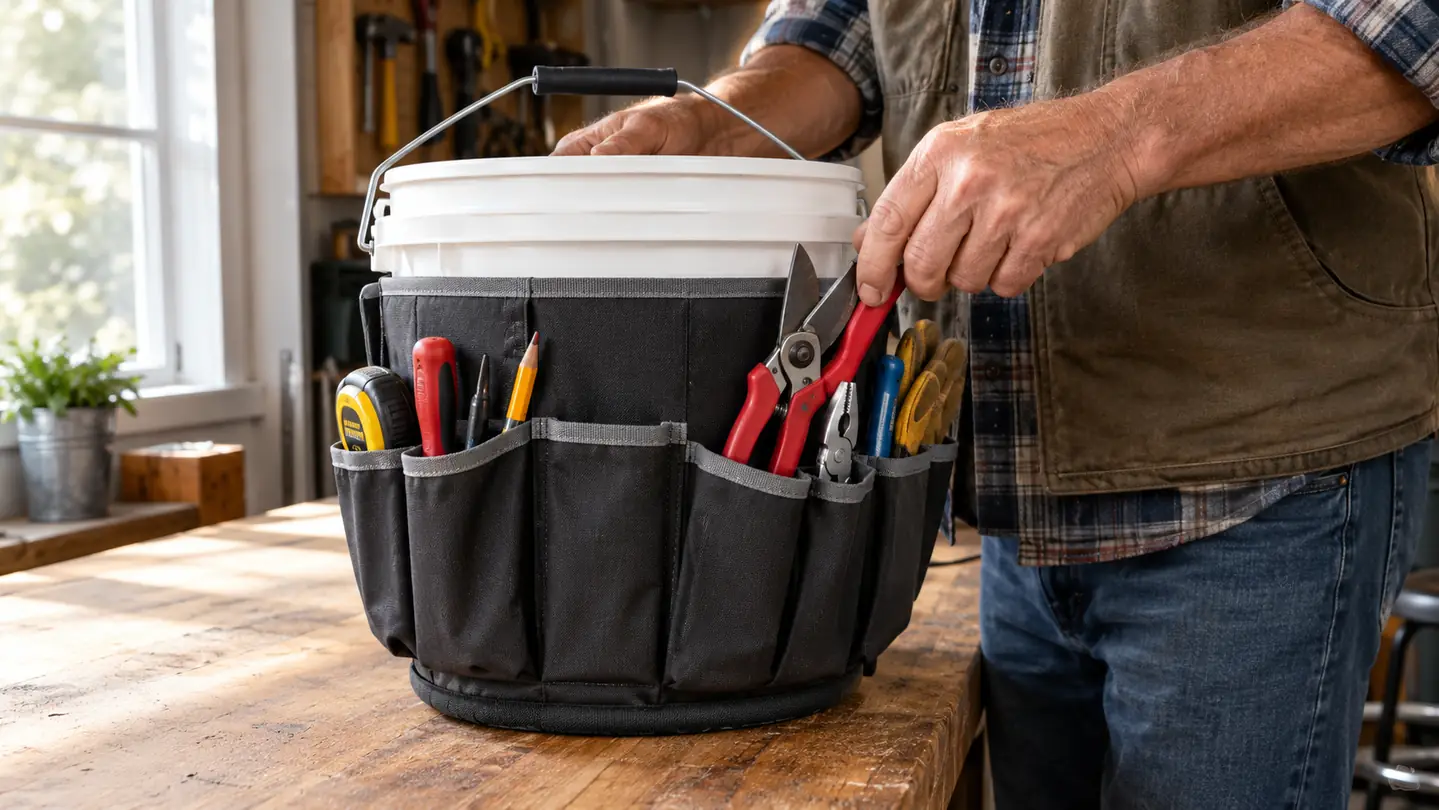 A hand lifting a pruning tool out of a pocket on a bucket tool organizer set on a garage workbench