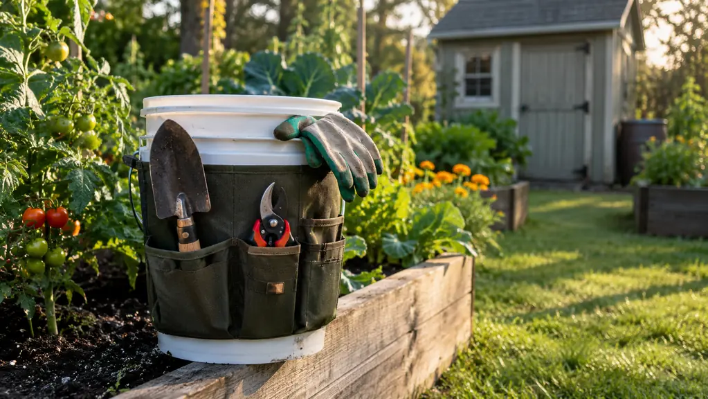 A bucket tool organizer with garden tools in its pockets, sitting beside a raised vegetable bed in late afternoon light