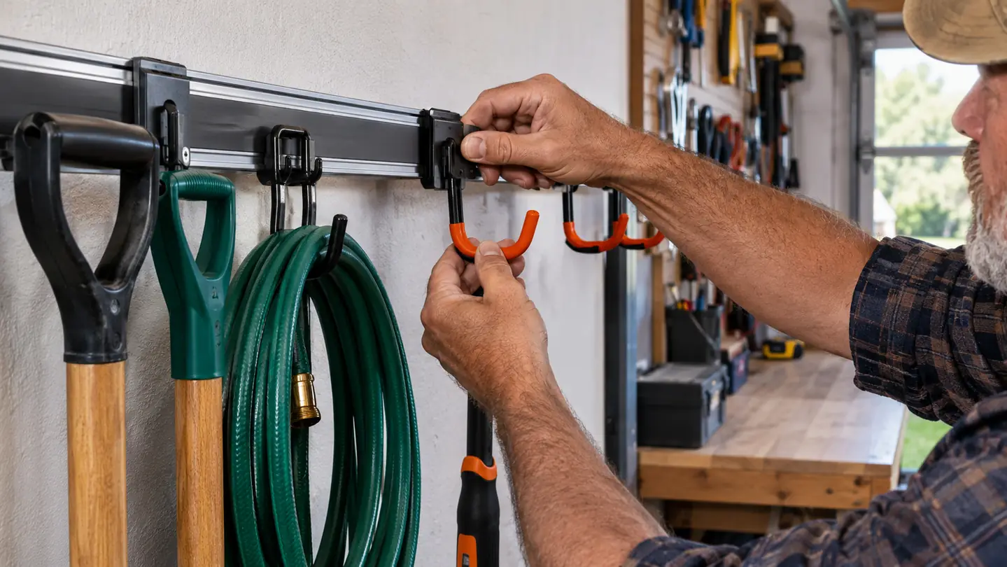 Hands fitting a hook onto a wall-mounted garage rail with tools already hanging nearby