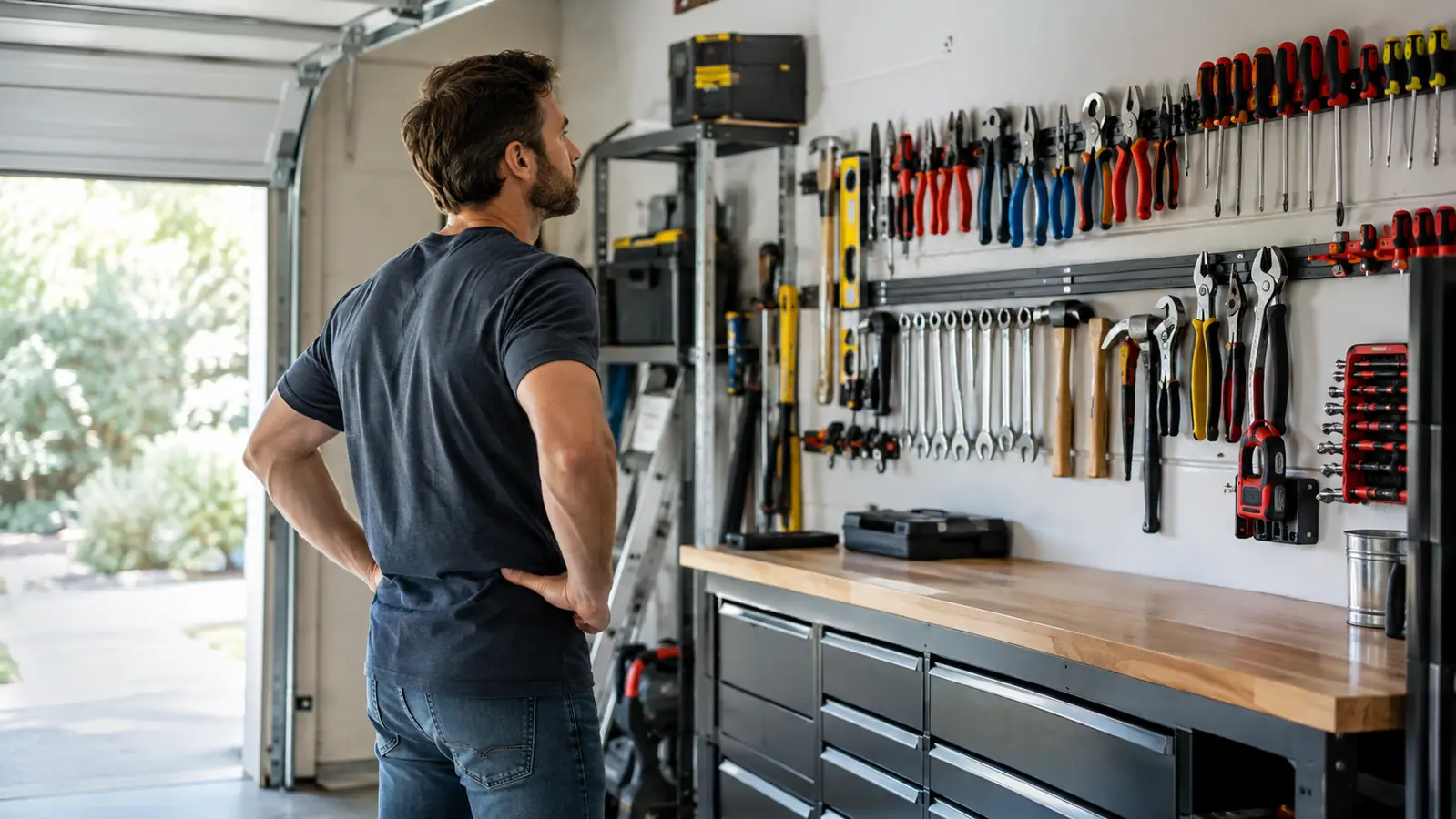 A man standing back and looking at an organized garage wall with tools hanging on wall-mounted rails