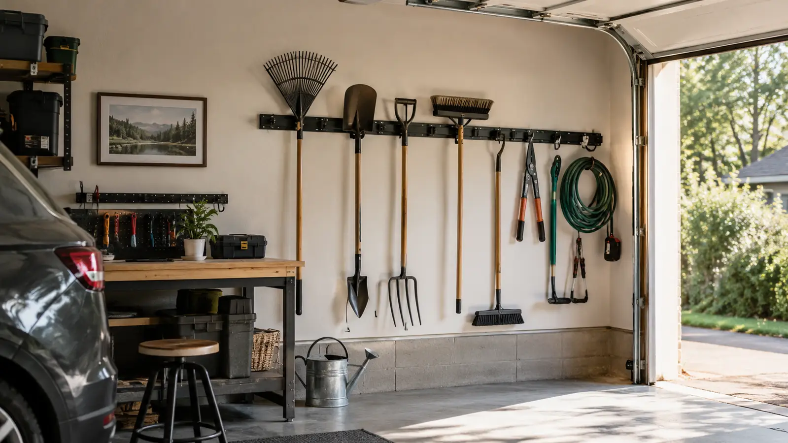 How to Tame Yard tools on the garage wall with the Rubbermaid FastTrack Rail Kit