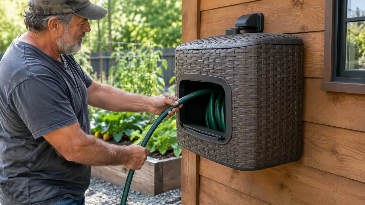A hand pulls a garden hose out of the front opening of a wicker-style resin hose hideaway mounted on a shed wall