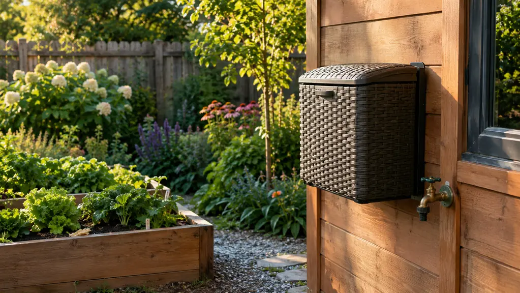 A tidy backyard corner with a wicker-style resin hose hideaway mounted on a wooden shed wall beside a spigot, the hose stored inside and nothing on the ground