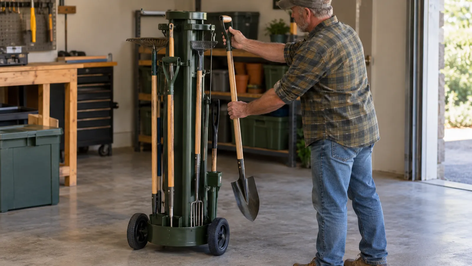 A hand placing a long-handled garden tool onto a hook on the rolling tool tower