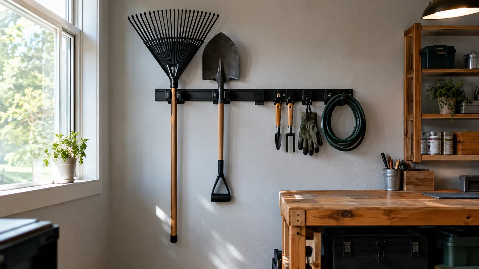 A wall-mounted organizer holding a rake and a shovel beside a workbench in a garage