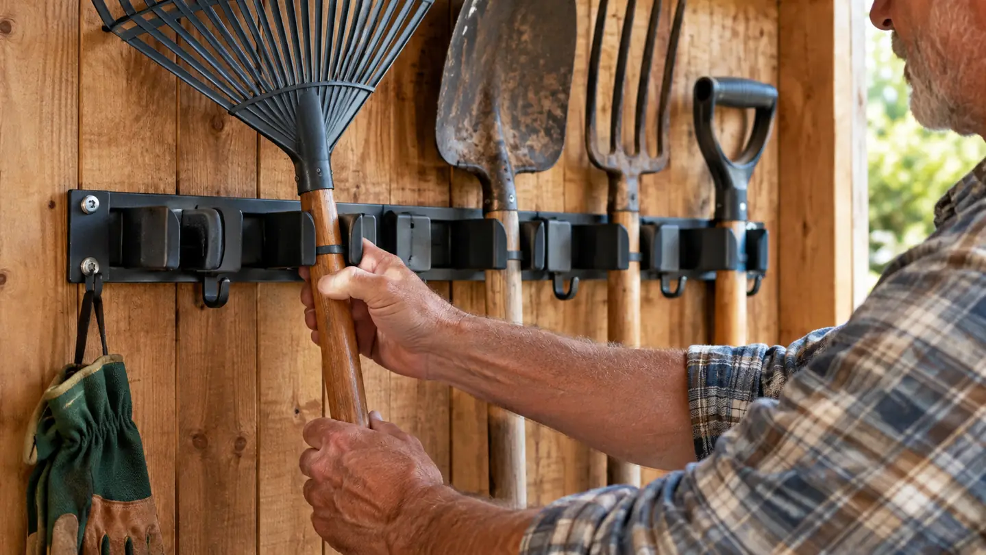 A hand sliding a rake handle into a metal wall-mounted garden tool organizer