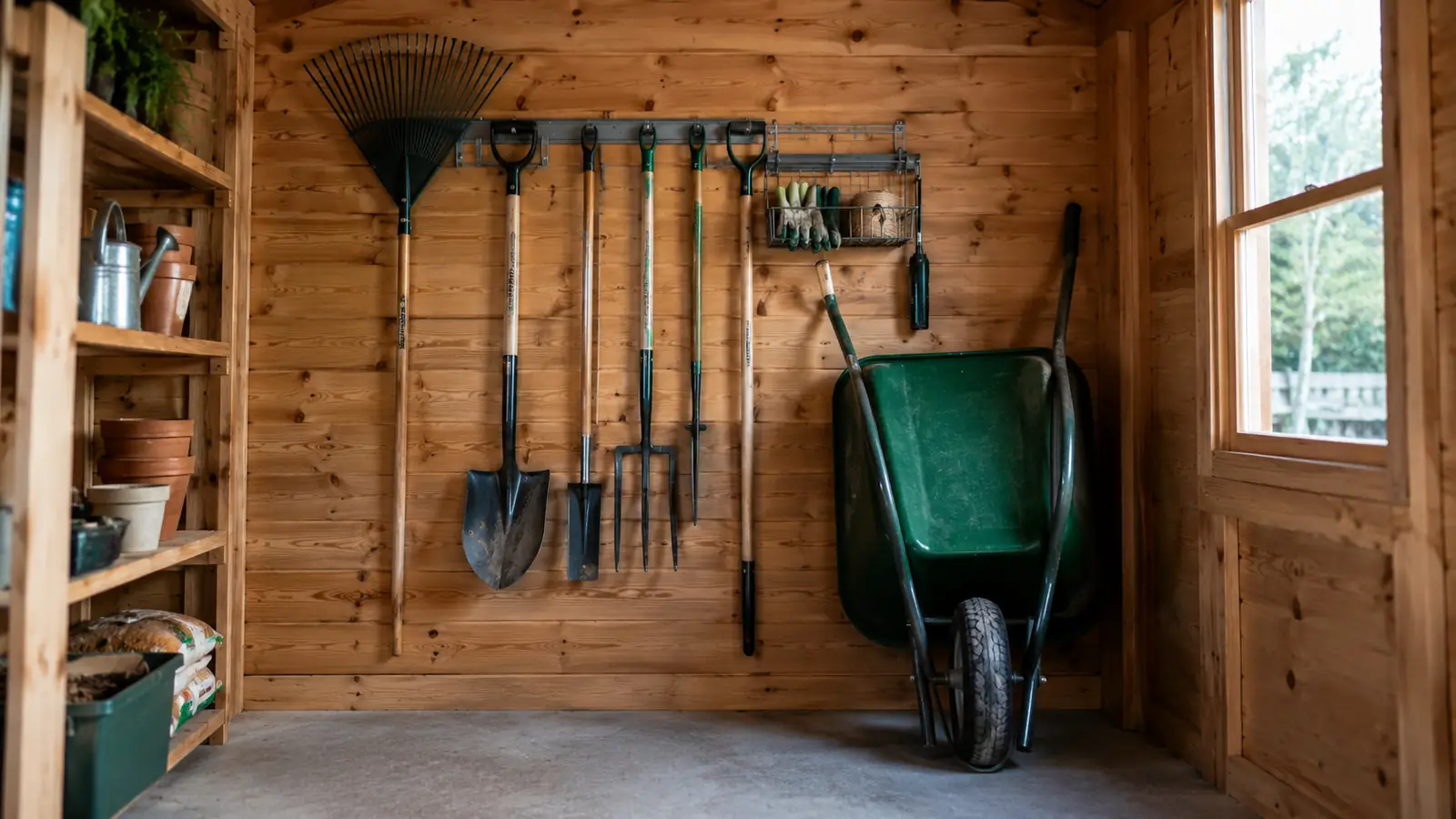 A wheelbarrow parked below a wall rack of hanging garden tools inside a small shed