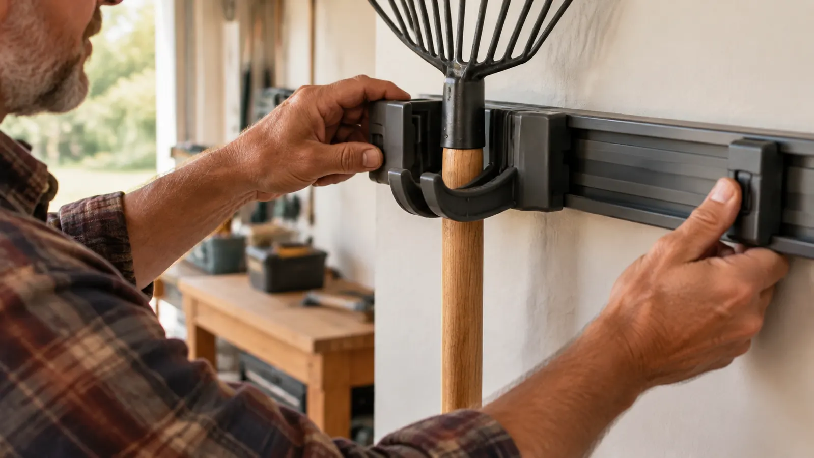 A hand sliding a hook with a rake handle into a wall-mounted garage rail