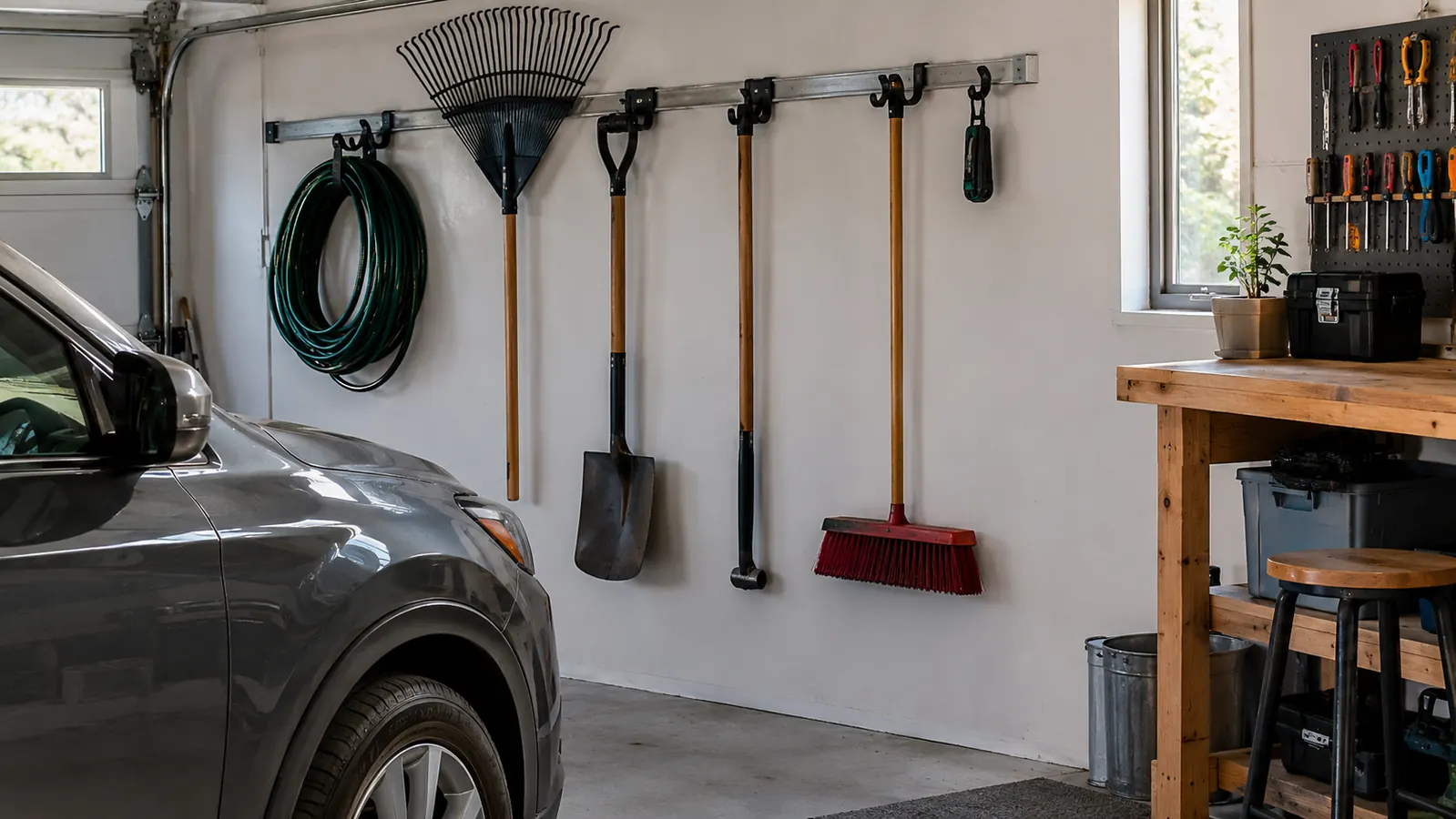 A wide garage wall with rails, hooks, and long-handled tools arranged neatly above a parked car