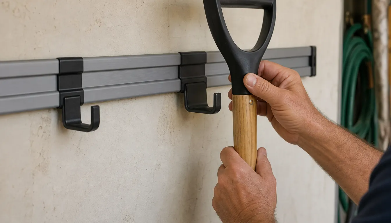 A hand placing a shovel handle into a hook on a wall-mounted rail