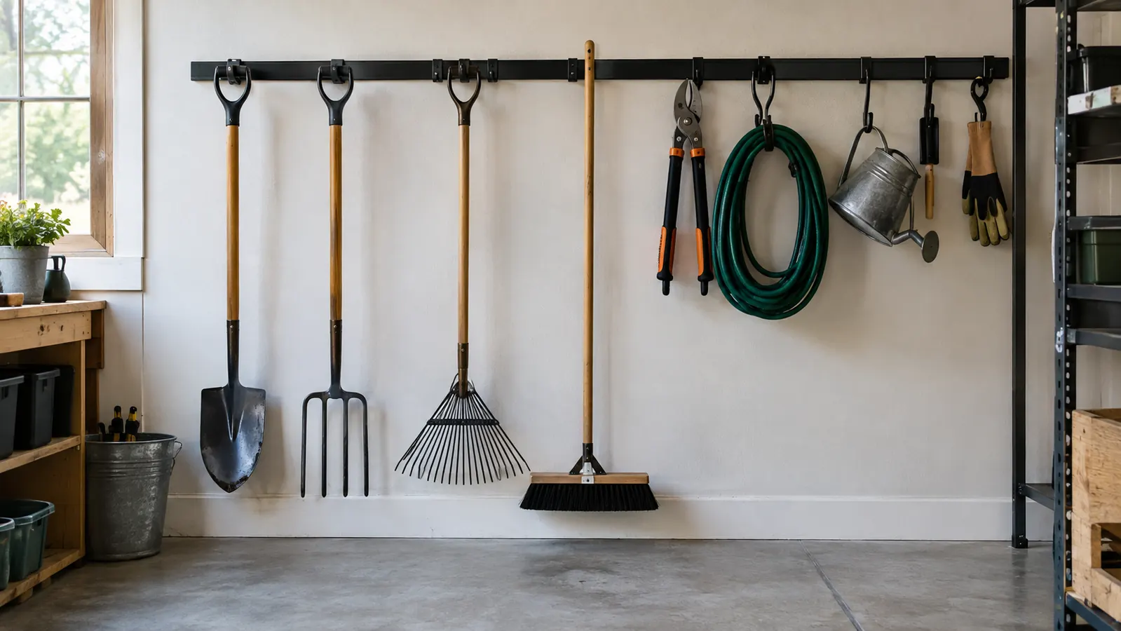 An organized garage wall with long-handled garden tools hanging from a wall-mounted rail system