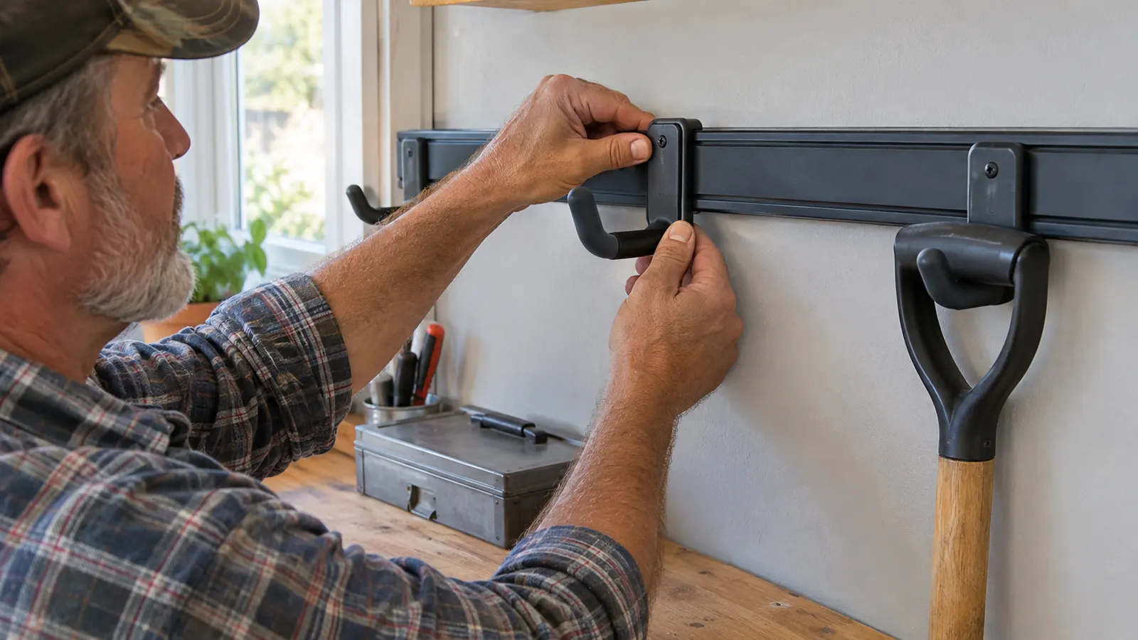 A hand pressing a hook onto a wall-mounted rail in a garage