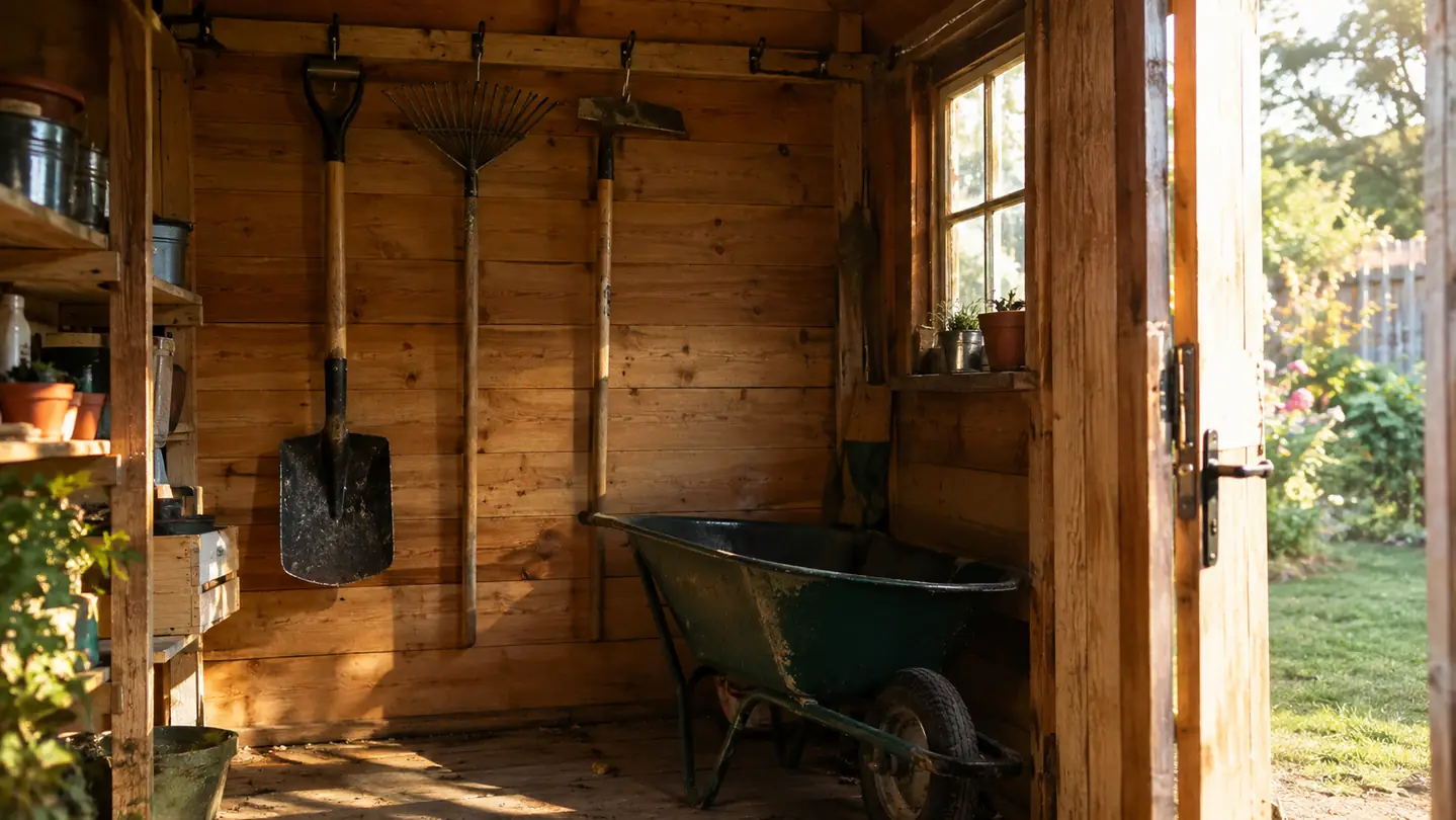 A wooden garden shed wall with a rail and hooks holding long-handled garden tools