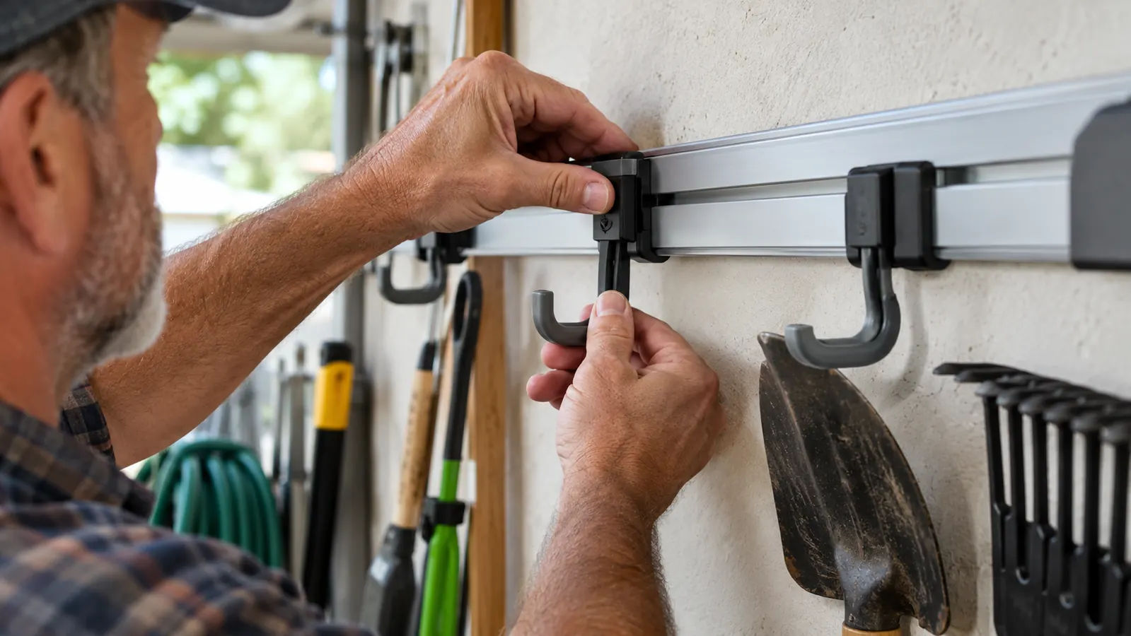 Close view of hands sliding a hook along a wall-mounted rail in a garage