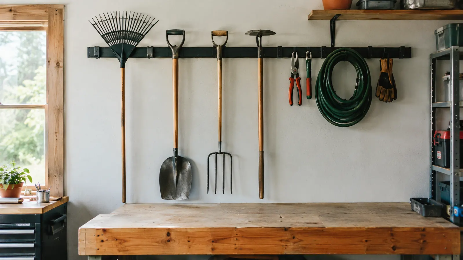 A garage wall with a rail system holding garden tools above a workbench