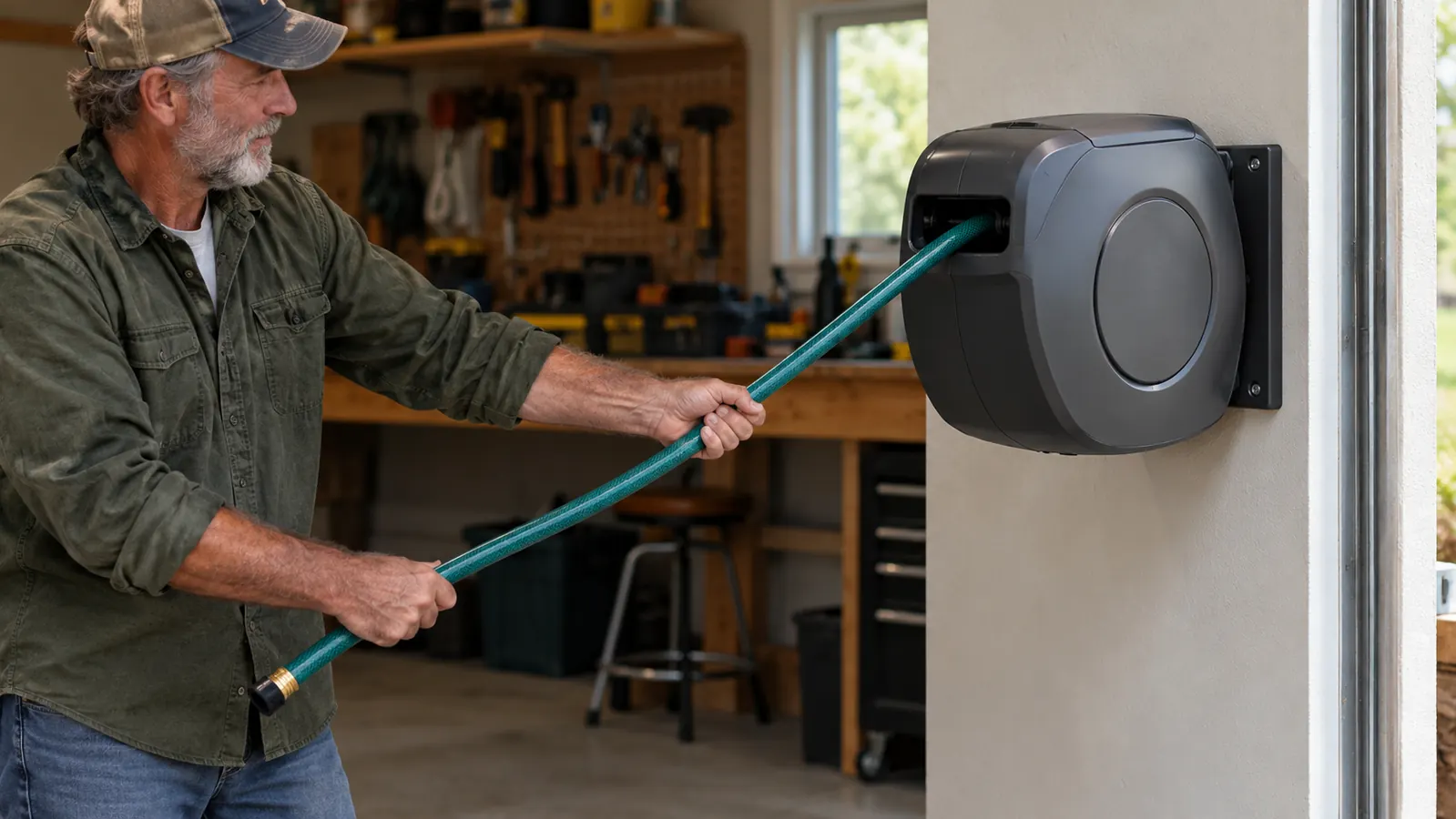 A man pulling a garden hose smoothly from a wall-mounted hose hideaway in a garage
