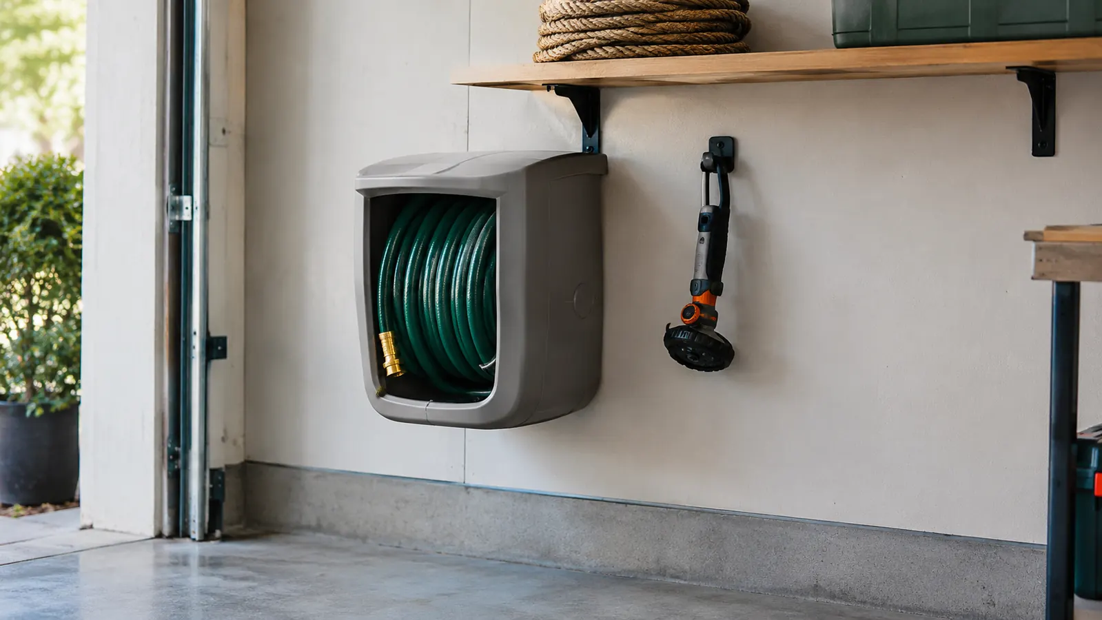 A neat garage wall with a coiled garden hose in a wall-mounted hideaway, a sprinkler hanging on a hook beside it