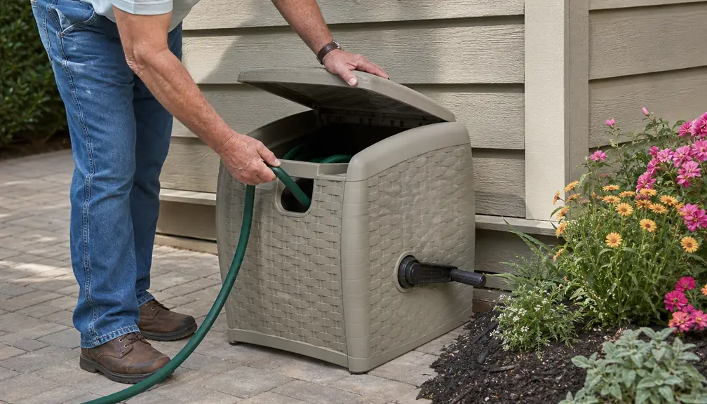 A hand feeding the end of a garden hose through the opening of a wicker-style hose hideaway mounted on a wall