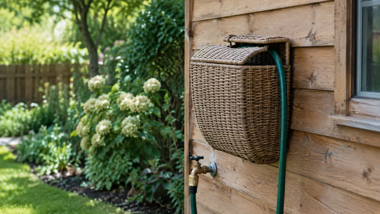 A wicker-style hose hideaway mounted on the wall of a wooden shed next to a hose spigot, with the hose routed through the top guide